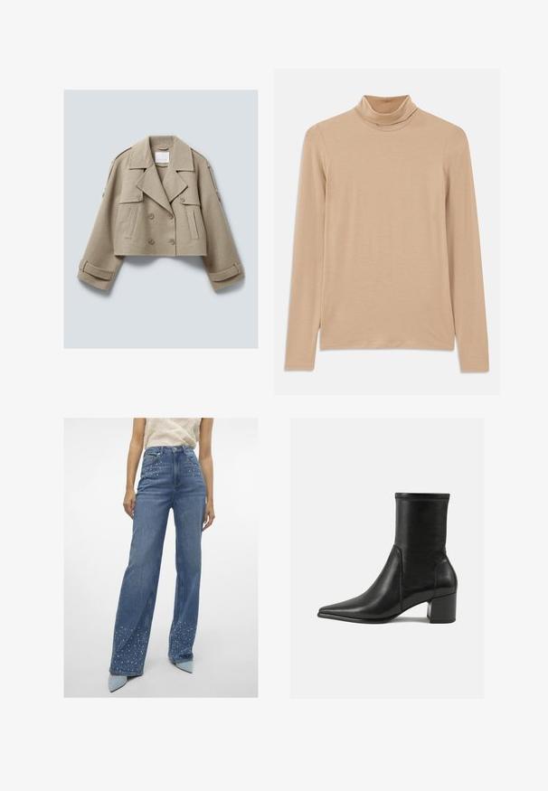 Beige krāsas iegriezta vilnas divrindu jaka ar plašiem apkaklīšiem, pogām aizveramām kabatām un siksnu detaļām uz piedurknēm un pleciem.; Beige garš piedurkņu turtleneck tops, izgatavots no mīksta, teksturēta auduma; ar šauru piegriezumu un augstu kakla izgriezumu. Nav redzamu rakstu vai detaļu.; Vero Moda Tall VMTESSA PEARL - Brīva piegriezuma džinsi - medium blue denim; Melnas potītes zābaki, kas izgatavoti no gludas ādas, ar smailu purngalu, blokveida papēdi un izteiktu paceltu šuvumu augšējā malā.