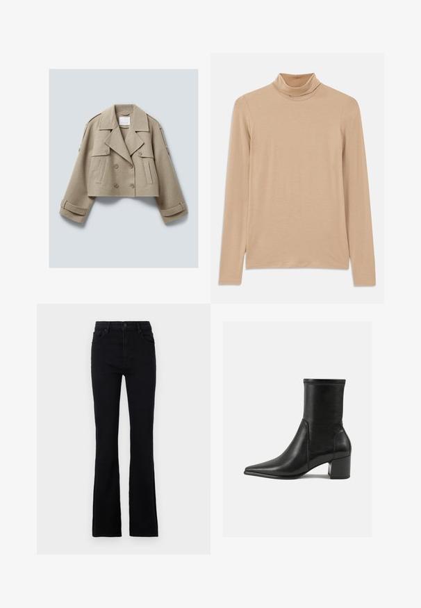 Beige lyhyttikkinen villakangastakki, jossa on leveät läpät, napitettu läppätaskut ja strap-details hihoissa sekä harteissa.; Beige pitkähihaine t-paita, jossa on korkeakaula-aukko, valmistettu pehmeästä, teksturoidusta kankaasta; siinä on slim fit -muotoilu ja korkea kaula. Ei näkyviä kuvioita tai varusteita.; Mustat levenevät farkut, jotka on valmistettu puuvillasekoitemateriaalista. Ominaisuuksiin kuuluu napin sulkeminen, vyölenkit ja kaksi etutaskua käytännöllisyyttä varten.; Mustat nilkkurit, jotka on valmistettu sileästä nahasta, kärjessä on terävä muoto, paksu korko ja selkeästi kohoavat ompeleet yläreunassa.