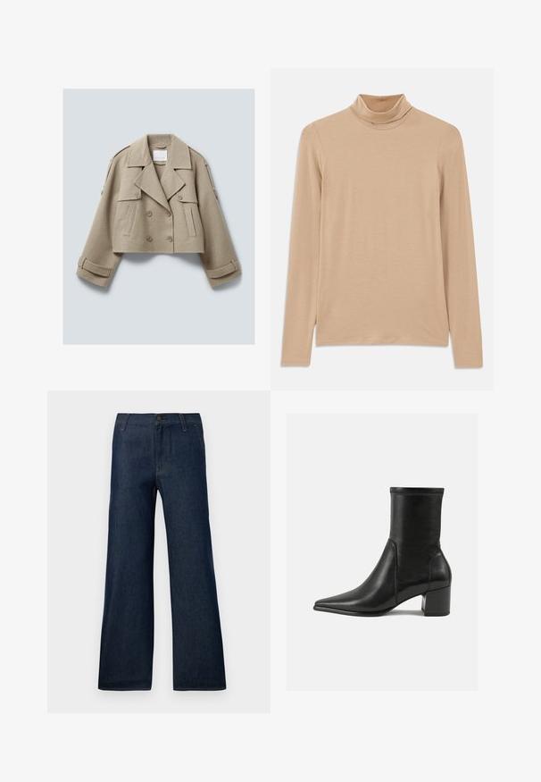 Jachetă din lână bej, scurtă, cu două rânduri de nasturi, rever larg, buzunare cu clapetă butonate și detalii cu curea pe manșete și umeri.; Bluză bej cu mâneci lungi și guler înalt, confecționată dintr-un material moale și texturat; are o croială slim și un decolteu înalt. Fără modele vizibile sau accesorii.; Jeans largi de culoare albastru închis, din denim, cu un design clasic cu cinci buzunare, închidere cu buton și detalii de cusătură subtile.; Botină neagră până la gleznă, fabricată din piele netedă, cu vârf ascuțit, toc tip bloc și cusături proeminente distincte la marginea superioară.
