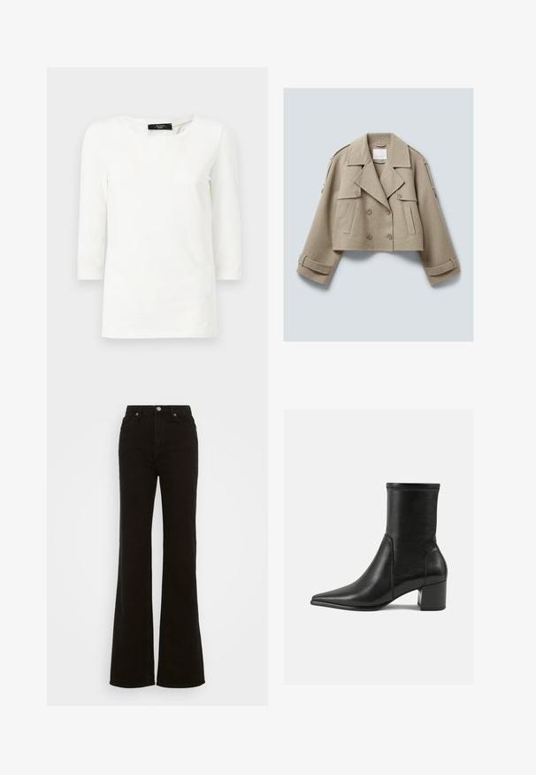 Giacca cropped in lana beige doppiopetto con ampi revers, tasche a bottone con pattina e dettagli con cinturini su polsini e spalle.; T-shirt bianco a maniche lunghe realizzato in cotone morbido, con scollatura rotonda e vestibilità comoda, privo di pattern o dettagli visibili.; Jeans neri a vita alta e svasati, realizzati in denim, con chiusura a bottone, tasche laterali e una texture liscia.; Stivale alla caviglia nero in pelle liscia, con punta appuntita, tacco a blocco e cuciture raccolte distintive lungo il bordo superiore.