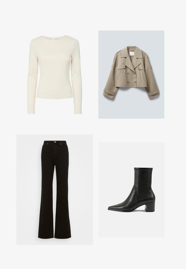 Beige cropped wollen dubbele-breasted jas met brede revers, knoopsluiting flapzakken en banddetails op de mouwen en schouders.; Crème-kleurig, langjarige, aansluitend dameshemd met een ronde halslijn en een gladde textuur, weergegeven op een witte achtergrond.; Hoge taille zwarte flared jeans van denim, met een knoopsluiting, zijzakken en een gladde textuur.; Zwarte enkelboot van soepel leer, met een spitse neus, een blokhak en duidelijke verhoogde stiksels aan de bovenrand.