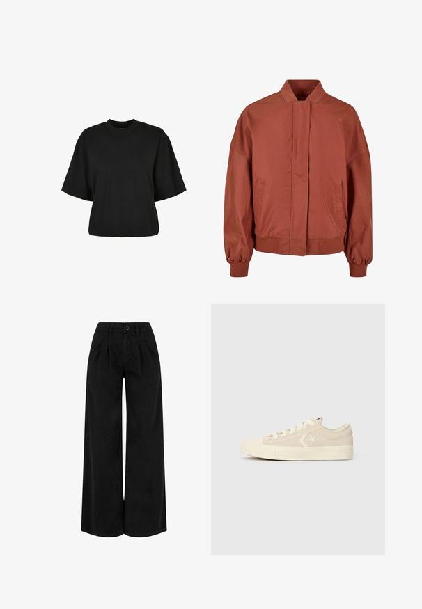 Rød-brun bomberjakke med frontlukking, sidelommer, ribbestrikkede mansjetter og en avslappet passform. Glatt stoff med matt finish.; Svart kort garden t-skjorte laget av bomull. Har korte ermer og rund halslinning. Jevn tekstur med et enkelt design, ingen ekstra mønstre.; Sorte vide bukser laget av et lett stoff, med folder foran, knappelukking og en ren finish i kanten.; Lys beige kanvas sneaker med teksturert finish, gummikappe på tåen og runde snørebånd. Har en stjernelogo og lavprofildesign.