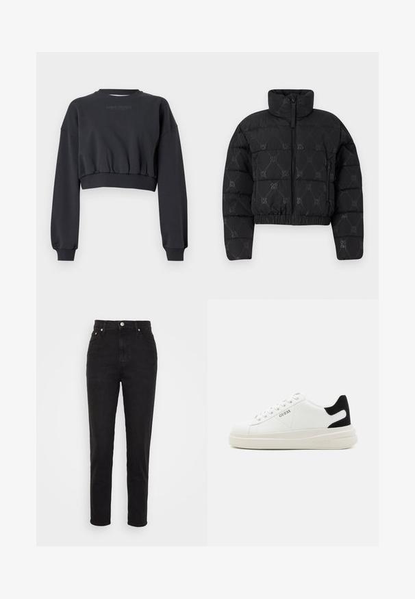Čierna puffová bunda s cropped dizajnom, featuring vysokým golierom, predným zipsom a opakujúcim sa vzorom "HUGO" po celom povrchu. Mäkká, prešívaná textúra.; Čierny skrátený sveter s rebrovaným golierom a manžetami. Text "CARLO COLUCCI" jemne vytlačený v šedej farbe. Hladká textúra, voľný strih rukávov.; Čierne vysoké slim-fit džínsy so zapínaním na gombík vpredu, pútkami na opasok a dizajnom s piatimi vreckami na bielom pozadí.; Biele kožené tenisky s hrubou bielou podrážkou, čiernym zamekom na päte a vyrazeným logom na boku. Šnurovací dizajn so šiestimi očkami.