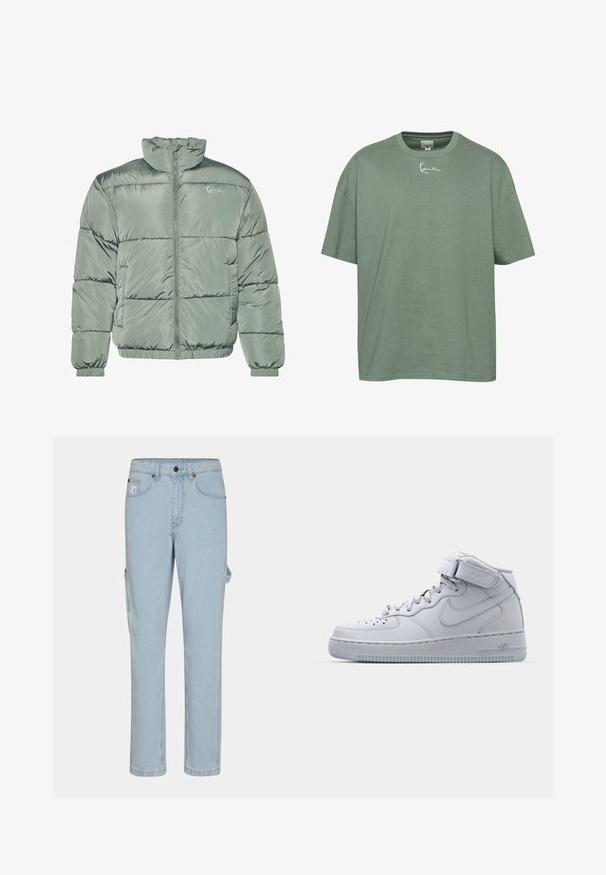 Podložena jakna v svetlo zeleni barvi, z visokim ovratnikom, sredinskim zadrgo in elastičnimi manšetami ter robom za udobno prileganje. Gladka, sijoča tkanina.; Zeleni bombažni majica s sproščenim krojem, rebrastim okroglih izrezom in kratkimi rokavi. Ima belo vezeno besedilo na prsih.; Svetlo modre kavbojke s cargo dizajnom in ravnimi hlačnicami, ki imajo stranske žepe ter klasično gumb in zadrgo za zapiranje.; Visoke sive Nike Air Force 1 teniske z usnjem zgoraj, podloženim ovratnikom in z ježkom. Ikonična zasnova vključuje perforirano cono za prste.