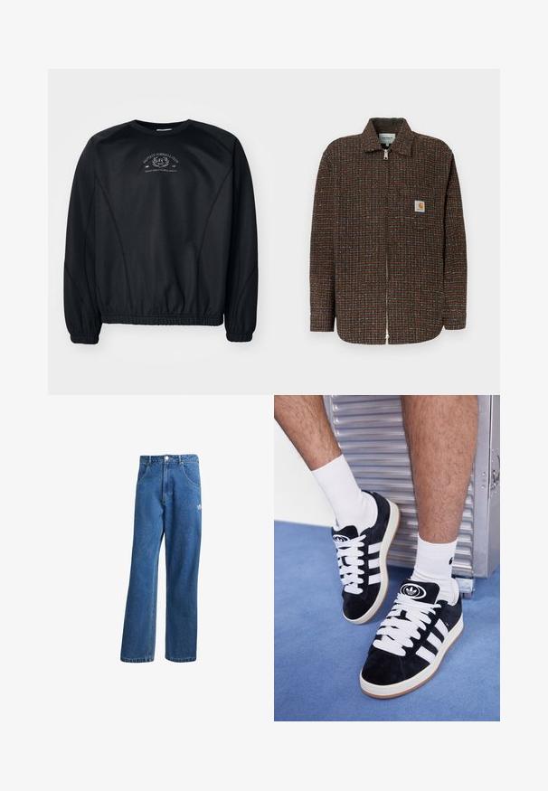 Brun rutete jakke med blå og oransje detaljer, hel glidelås, lange ermer og en brystlomme med et logo merket.; Svart hettegenser med rund hals, ribbede mansjetter og kant. Har et subtile grafisk trykk på brystet og et glatt, litt strukturert stoff.; Blå høyhalsede vide denimjeans med frontlommer, belteholdere, knappelukking og liten Adidas-logo på høyre lår.; Sorte semskede sneakers med hvite lisser og tre hvite striper. Har en sirkulær svart logo på tungen og en såle av gummigummi.