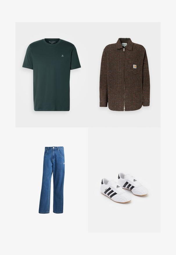 Brown checkered jacket with blue and orange accents, full zipper closure, long sleeves, and a chest pocket featuring a logo patch.; Dark green T-shirt made of soft fabric, featuring a crew neck and short sleeves. Embroidered logo on the left chest.; Blue high-waist wide-leg denim jeans with front pockets, belt loops, button closure, and small Adidas logo on the right thigh.; White athletic shoes with black stripes, featuring a suede-like texture, rounded toe, and a Velcro strap. Rubber outsole for traction.