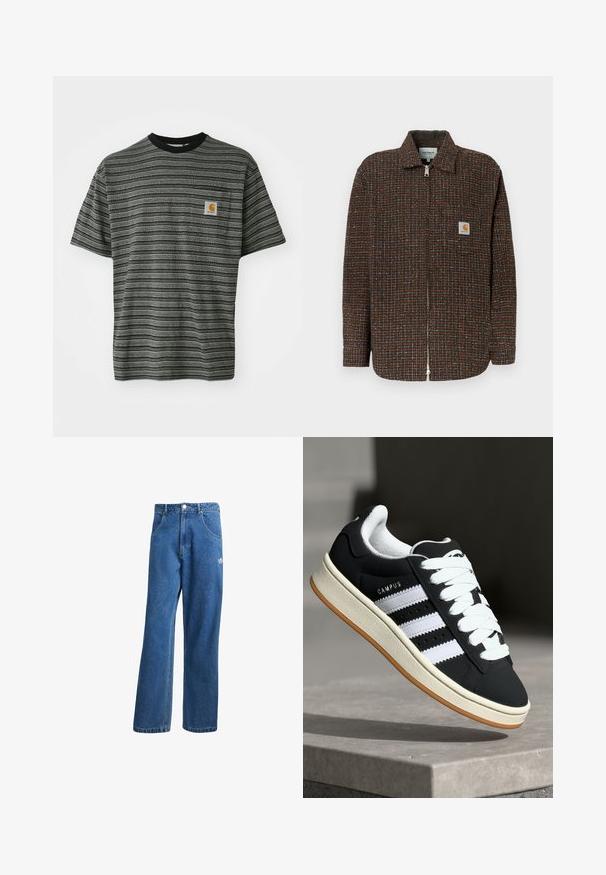 Ruskea ruudullinen takki, jossa on sinisiä ja oransseja yksityiskohtia, täysipitkä vetskari, pitkät hihat ja rintatasku, jossa on logopatch.; Raidalliset lyhythihaiset t-paidat harmaana ja mustana, joissa on pyöreä pääntie ja pieni logopatch rintataskussa. Pehmeä, teksturoitu kangas.; Siniset korkeavyötäröiset leveälahkeiset farkut, joissa on etupussit, vyölenkit, napitus ja pieni Adidas-logo oikeassa reidessä.; Musta lenkkikenkä valkoisilla raidoilla, nauhallisella mallilla, teksturoidulla päällisellä ja kumipohjalla. Sivulla on "CAMPUS"-logo ja kumiulkopohja.