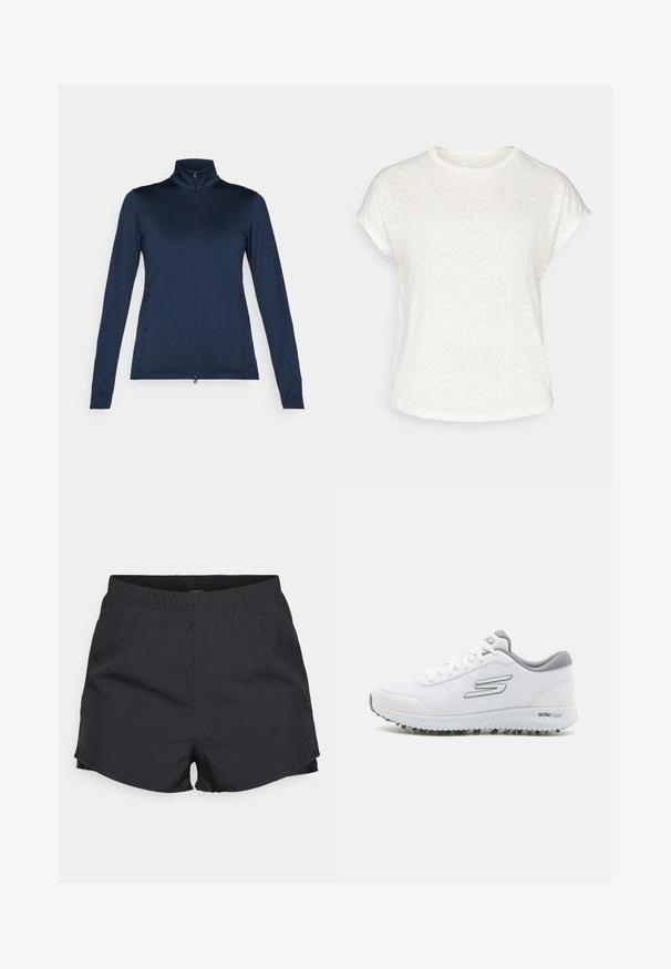 Marineblaue langärmlige Zip-Jacke mit hohem Kragen, die eine glatte Textur und seitliche Akzente eines gewebten Musters aufweist.; Weißes T-Shirt mit kurzen Ärmeln, das ein strukturiertes Blumenmuster, einen runden Halsausschnitt und einen lässigen Schnitt aufweist. Hergestellt aus weichem, leichtem Stoff.; ONLY Play ONPSPACE LIFE LOOSE SHORTS - Kurze Sporthose - black/pumice stone; Weiße Sportschuhe mit einem strukturierten Mesh-Obermaterial, silbernen Akzenten und einer leichten Sohle mit kleinen Traktionsnoppen, bezeichnet als "ULTRA FLIGHT".