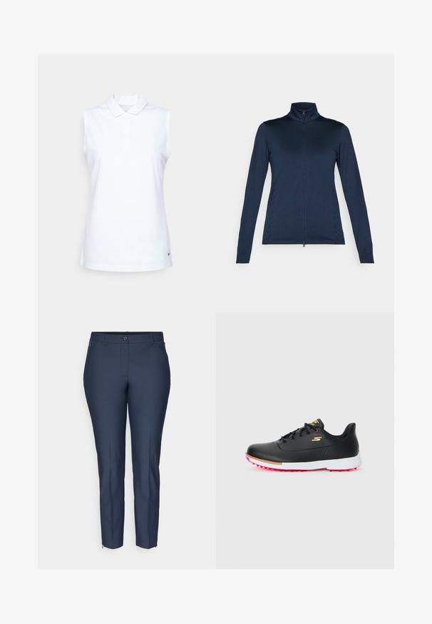 Temno modra jakna z dolgimi rokavi in zadrgo, z visokim ovratnikom, ki ima gladko teksturo in stranske natančnosti tkanega vzorca.; Bela brezrokavna polo majica iz bombaža, z označenim ovratnikom, gumbastim zapiranjem in logotipom Nike na spodnji levi strani.; Temno modri prilegajoči hlače s pasom, z gumbom, z zankami za pas, z zadrgo na stranskih žepih in z zadrgama na gležnjih obeh nog.; Črne golf copate z belim podplatom, rožnatimi žebljički, zlatim logotipom "S" in črnimi vezalkami na enakomerni svetli podlagi.