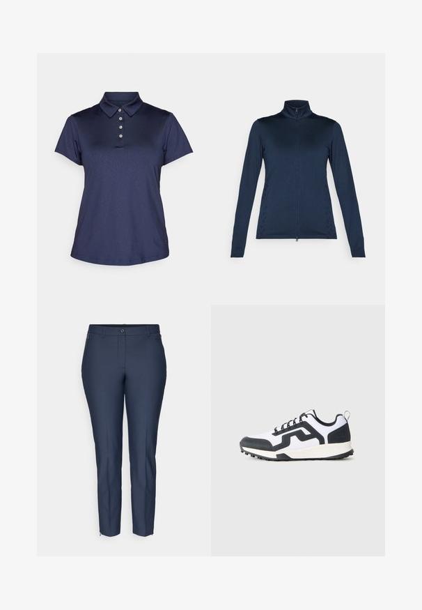 Jaqueta azul-marinho de mangas longas com fecho éclair, com um colarinho alto, apresentando uma textura suave e detalhes laterais em um padrão tecido.; Polo de cor navy com gola, mangas curtas, placket de cinco botões e uma textura suave. Apresenta um padrão subtil.; Calças slim-fit em azul marinho, com fecho de botão, passantes para cinto, bolsos laterais com fecho de correr e fechos de correr nos tornozelos de ambas as pernas.; Sapatilha baixa branca e preta com sola de borracha padronizada e design em ziguezague na lateral, mostrada do lado exterior sobre um fundo simples.