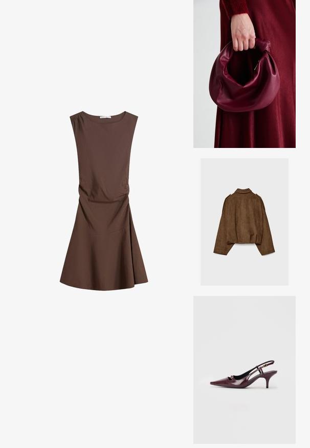 Brun jakke i imiteret ruskind med krave, oversized pasform og sænkede skuldre. Bagsiden har lodrette sømdetaljer og et cropped design.; Ærmeløs brun knælang kjole med rund halsudskæring og let sidelægning, udvidet nederdel på ensfarvet hvid baggrund.; Bordeaux slingback hæle med spids tå, glat læderfinish, lille udskæring fortil og en slank stilettohælelse med guldaccentuering.; Bordeaux læderhåndtaske med et blødt, samlet design og en rund form. Håndtaget er sikret og viser en glat tekstur.