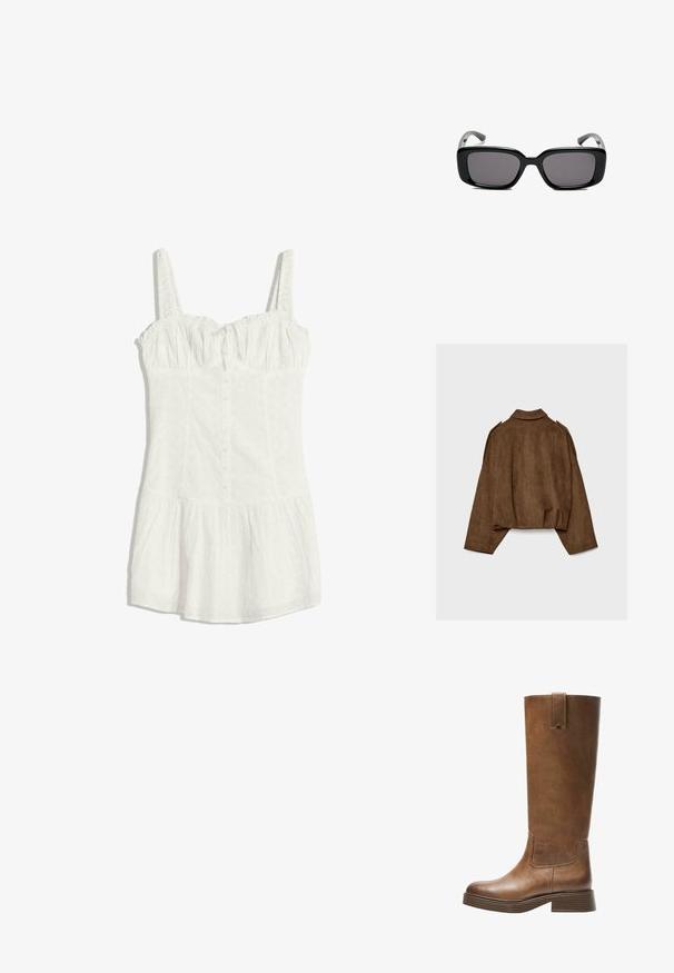 Giacca marrone in finto camoscio con collo a camicia, vestibilità oversize e spalle scese. La parte posteriore presenta cuciture verticali e un design corto.; Abito bianco senza maniche in tessuto traforato, con bottoni sul davanti, scollatura arricciata, vita aderente e orlo della gonna svasato.; Stivale marrone in pelle alto fino al ginocchio, con punta tonda, superficie testurizzata e tacco basso impilato. Presenta un pannello laterale e una linguetta di apertura in cima.; Occhiali da sole neri rettangolari con lenti scure, montatura in plastica liscia e tempie curve. Il design è voluminoso con un'estetica minimalista.