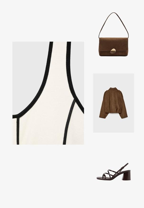 Ruskea tekonahkainen mokkatakki, jossa on kauluksellinen kaula-aukko, ylisuurikokoinen istuvuus ja laskostetut olkapäät. Takana pystysuoria saumadetaljeja ja lyhyt malli.; Kermanipäällinen, jossa on musta reunus, vaihtelee sileästä rakenteesta ja pyöreästä kaula-aukosta. Suunnittelussa on kontrastiväriset ompeleet reunoilla.; Ruske sandaale sa visokom potpeticom s debljim petama, s glatkom, sjajnom površinom i višestrukim križnim trakama na gornjem dijelu.; Ruskea mokkanahkainen olkalaukku, jossa on kaareva kultainen solki ja yksittäinen hihna, suorakulmainen muoto, jossa on läppäkiinnitys.