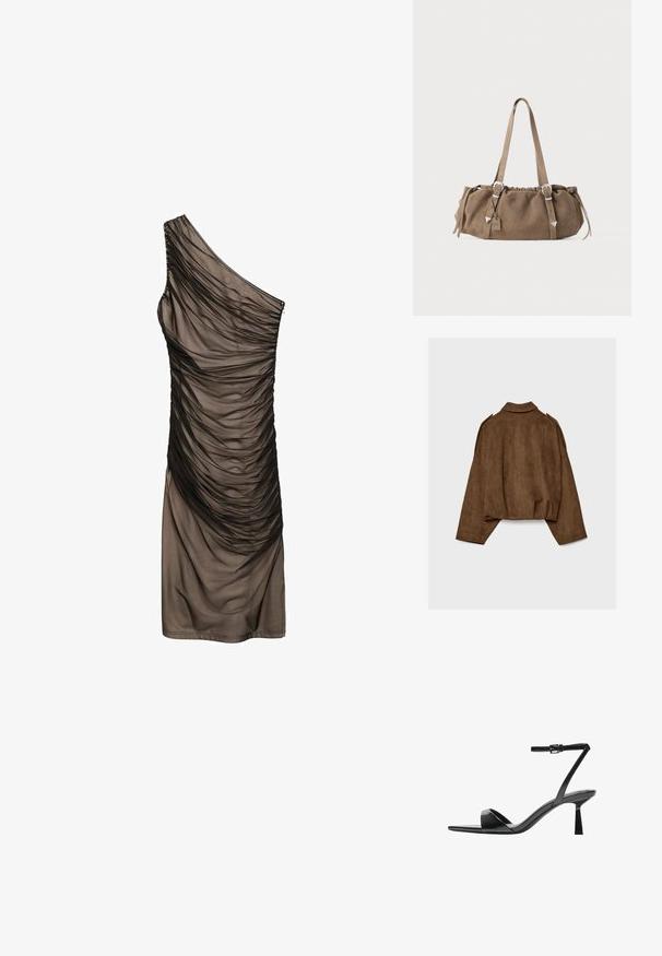 Brun jakke i imiteret ruskind med krave, oversized pasform og sænkede skuldre. Bagsiden har lodrette sømdetaljer og et cropped design.; Mango Hverdagskjole - black; Bershka Højhælede sandaletter / Højhælede sandaler - black; Brun ruskinds håndtaske med en samlet top, sølv hardware elementer og to skulderremme. Har en rektangulær form og et minimalistisk design.