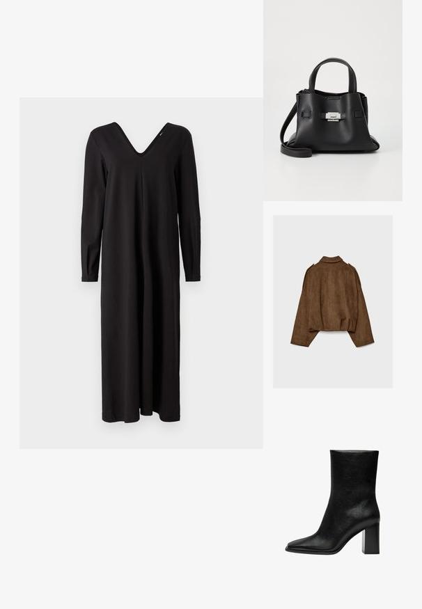 Braune Jacke aus Kunstwildleder mit Kragen, übergroßem Schnitt und abgefallenen Schultern. Der Rücken zeigt vertikale Nahtdetails und ein kurzes Design.; Schwarzes Langarmkleid mit V-Ausschnitt, aus einem weichen, dehnbaren Stoff, mit lockerer Passform und geradem Saum.; Schwarze Knöchelstiefel aus glattem Leder, mit einer spitzen Zehe und einem klobigen rechteckigen Absatz. Minimalistisches Design ohne Verzierungen.; Schwarze Ledertasche mit strukturiertem Finish, ausgestattet mit zwei oberen Griffen, einem abnehmbaren Schultergurt und einem silbernen Verschlussdetail.
