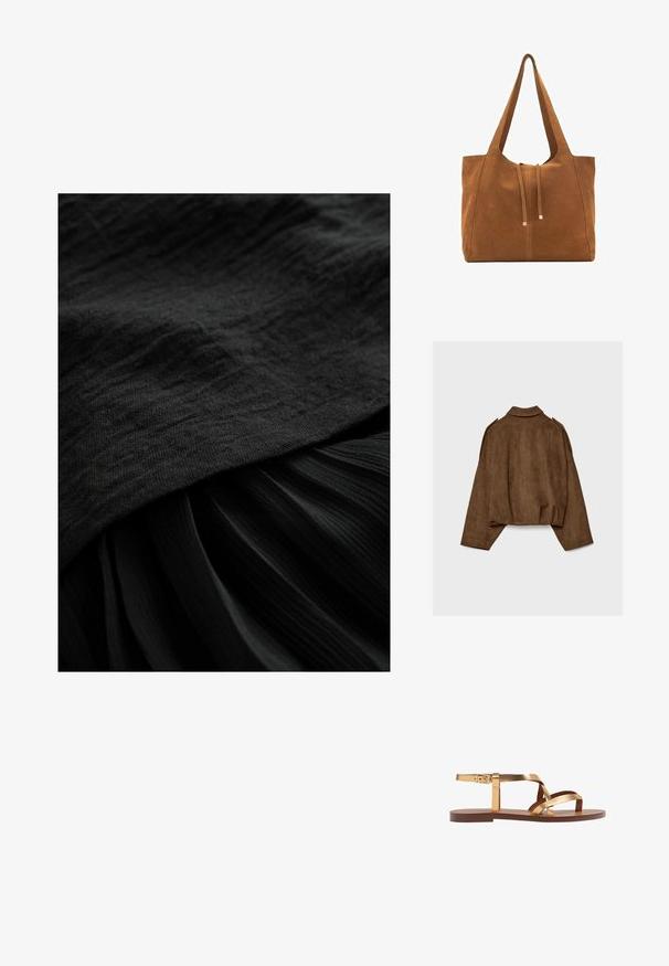 Brun jakke i imiteret ruskind med krave, oversized pasform og sænkede skuldre. Bagsiden har lodrette sømdetaljer og et cropped design.; Sort stof med en struktureret overflade, der har et glat toppanel og en plisseret nederste del, begge i en dyb, ensartet sort nuance.; Guldmetalliske flade sandaler med flere brede stropper, en spændeankelrem og en brun flad sål. Glat tekstur hele vejen igennem.; Brun ruskinds-tote med to lange stropper, snørelukning og minimalistisk design. Glat tekstur og ingen synlige hardware-detaljer.