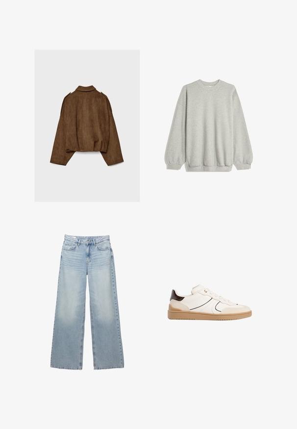 Rjava jakna iz umetnega usnja z ovratnikom, širokim krojem in spuščenimi rameni. Hrbtni del ima navpične šive in krajšano zasnovo.; Siv sweatshirt iz mehkega blaga, z okroglim izrezom, dolgimi rokavi z elastičnimi manšetami in sproščenim krojem. Brez vzorcev ali dodatkov.; Svetlo modri široki jeans iz denima. Ima pet žepov, pasek in gumbasto zapiranje. Obledela pranje z rahlimi gubami.; Stradivarius Športni copati - white