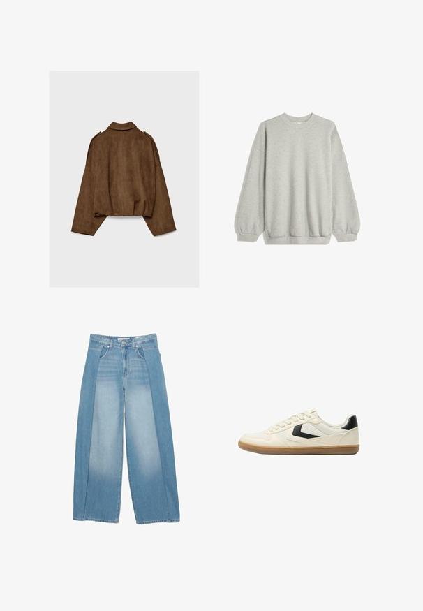 Ruskea tekonahkainen mokkatakki, jossa on kauluksellinen kaula-aukko, ylisuurikokoinen istuvuus ja laskostetut olkapäät. Takana pystysuoria saumadetaljeja ja lyhyt malli.; Harmaa huppari, joka on valmistettu pehmeästä kankaasta. Siinä on pyöreä kaula-aukko, pitkät hihat elastisilla hihoilla ja rento istuvuus. Ei kuvioita tai korostuksia.; Vaaleansiniset leveälahkeiset farkut, joissa on ainutlaatuinen muotoilu kahdella teksturoidulla paneelilla. Viiden taskun tyyli nappisulkimella.; Bershka Matalavartiset tennarit - white