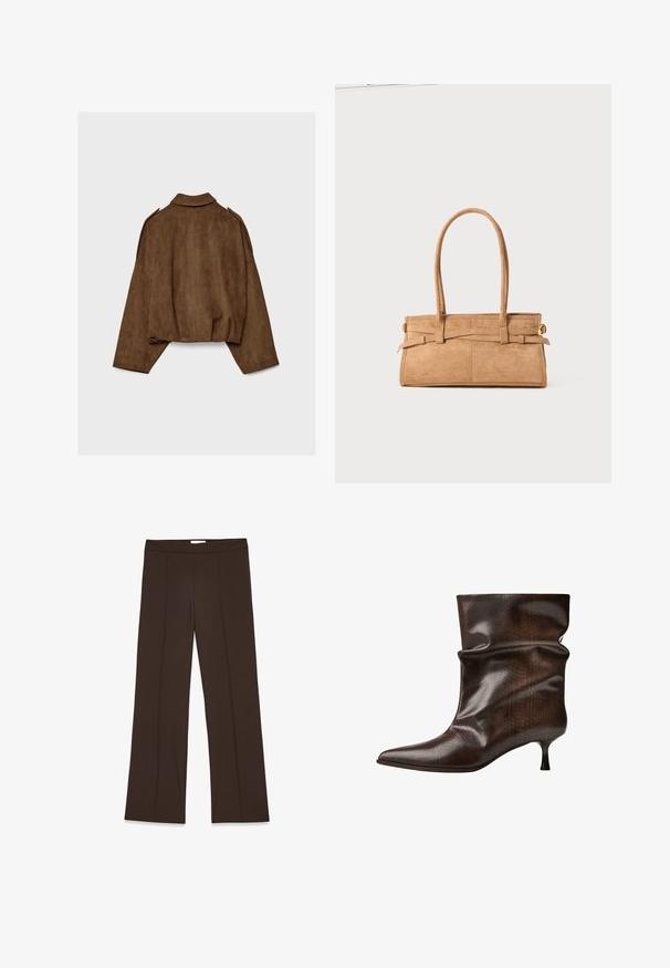 Brązowa kurtka z imitacji zamszu z kołnierzem, luźnym krojem i opuszczonymi ramionami. Tył ozdobiony jest pionowymi przeszyciami i ma krótki krój.; Beżowy, krótkie sweter wykonany z miękkiego materiału dzianinowego. Posiada okrągły dekolt, długie rękawy oraz prążkowane mankiety i dół, co dodaje mu tekstury.; Brązowe, szerokie spodnie z gładkiego materiału; mają plisę z przodu i standardowy pas. Minimalistyczny design bez widocznych zapięć.; Ciemnobrązowe skórzane botki do kostki z ostrym czubkiem, luźnym cholewem i cienkim niskim obcasem w stylu kociego łapka.; Torebka z brązowego zamszu z dwoma długimi uchwytami, prostokątnym kształtem i dekoracyjnym przeszyciem. Posiada boczny pasek oraz subtelne akcenty w kolorze złotym.