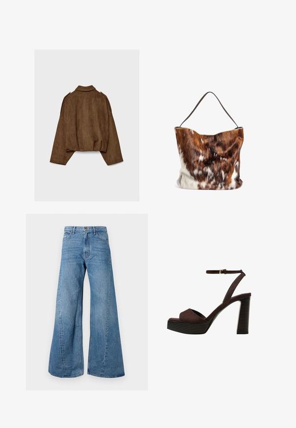Brun jacka i fuskmocka med krage, oversized passform och nedsänkta axlar. Bakstycket har vertikal sömdetalj och en kortare design.; Beige kortärmad tröja i mjukt stickat material. Har rund halsringning, långa ärmar samt ribbade muddar och nederkant för ökad textur.; Breda blå denimjeans med hög midja, som har klassisk femficksdesign och lätt blekning för textur.; Bruna mocka högklackade sandaler med öppen tå, justerbar vristrem och en randig plattformssula.; Väska av brun och vit päls med en mjuk textur, som har ett öppet topp och en enda mörkbrun rem. Designen är något vågig högst upp.