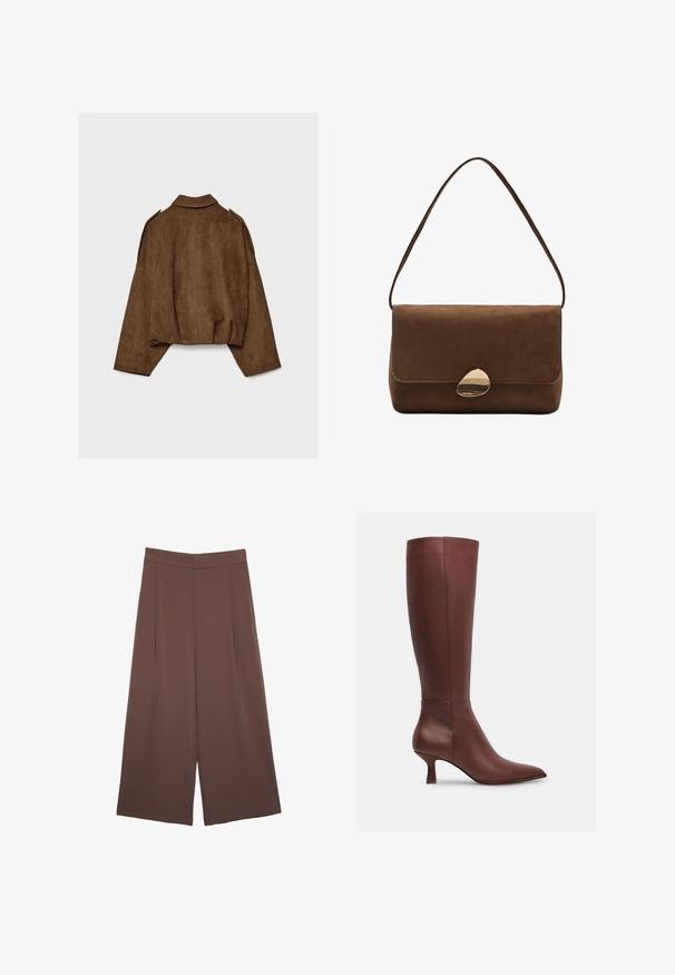 Giacca marrone in finto camoscio con collo a camicia, vestibilità oversize e spalle scese. La parte posteriore presenta cuciture verticali e un design corto.; Maglione grigio lavorato a maglia con scollatura rotonda, spalle abbassate e polsini a costine. Texture morbida e design ampio. Senza fantasie né accenti.; Pantaloni ampi marroni con una texture liscia, caratterizzati da una vita alta e pieghe frontali. Il tessuto è leggero e scorre liberamente.; Stivale marrone in pelle alto fino al ginocchio, con punta affusolata e tacco sottile. Texture liscia senza motivi visibili o elementi hardware.; Borsa a spalla in suede marrone con chiusura curva in oro e tracolla singola, forma rettangolare con chiusura a pattina.