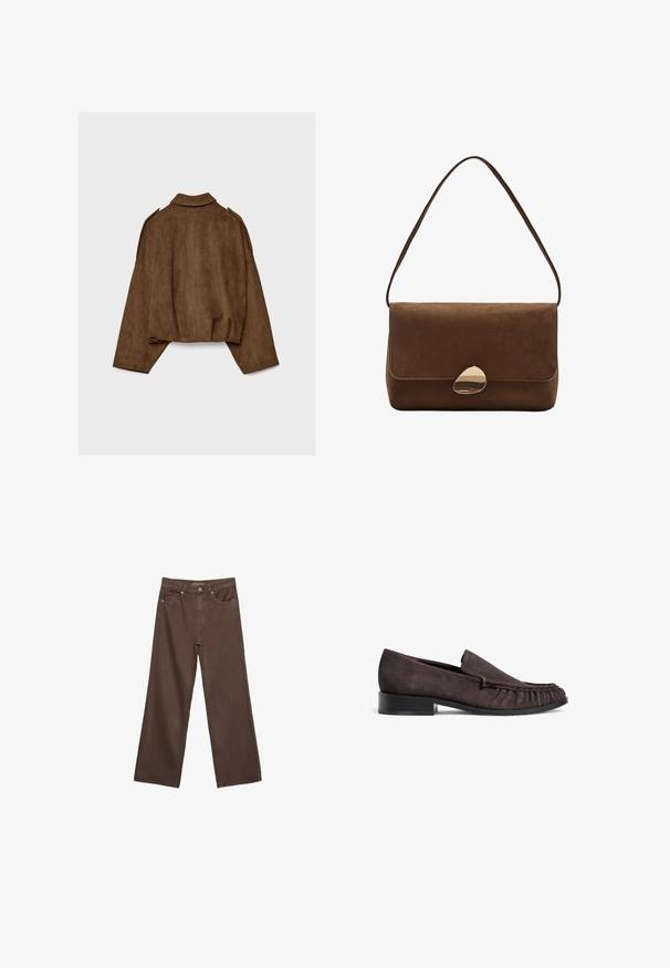 Ruskea tekonahkainen mokkatakki, jossa on kauluksellinen kaula-aukko, ylisuurikokoinen istuvuus ja laskostetut olkapäät. Takana pystysuoria saumadetaljeja ja lyhyt malli.; Vaaleanbeige lyhythihainen huppari, jossa on leveä kaula-aukko, pitkät hihat ja pehmeä, teksturoitu kangas. Ominaisuutena rento, laatikkomainen muoto.; Leviittävät ruskeat farkut, jotka on valmistettu denimistä, korkea vyötärö, etutaskut ja klassinen nappikiinnitys. Silkkinen pinta hienovaraisella ompelutyöllä.; Ruske suede loaferit, joissa on matala musta korko ja rypytetty yksityiskohta edessä. Sujuva pinta, pyöristetty varvas ja minimalistinen muotoilu.; Ruskea mokkanahkainen olkalaukku, jossa on kaareva kultainen solki ja yksittäinen hihna, suorakulmainen muoto, jossa on läppäkiinnitys.