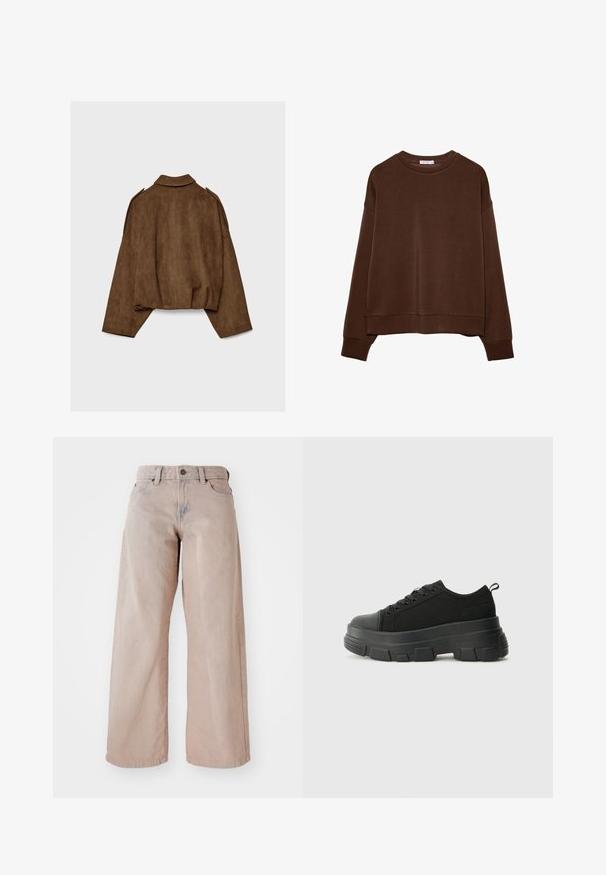 Smeđa jakna od umjetne brušene kože s ovratnikom, prevelikog kroja i spuštenih ramena. Na stražnjoj strani nalazi se vertikalni ukrasni šav i skraćeni dizajn.; Smeđi dukserica opuštenog kroja, s okruglim izrezom i dugim rukavima. Meko tkanje s rebrastim manžetama i rubom. Bez uzoraka ili akcenta.; Bež traperice s širokim nogavicama, visokim strukom, pet džepovima i kopčanjem na dugme. Tkanina ima mekanu teksturu i blago izblijedjenje sprijeda.; Crne tenisice s debelim gumenenim potplatom, teksturiranim gornjim dijelom od tkanine, okruglim vrhom i dizajnom s vezicama. Imaju pojačane rupice za vezice i dodatak za povlačenje straga.