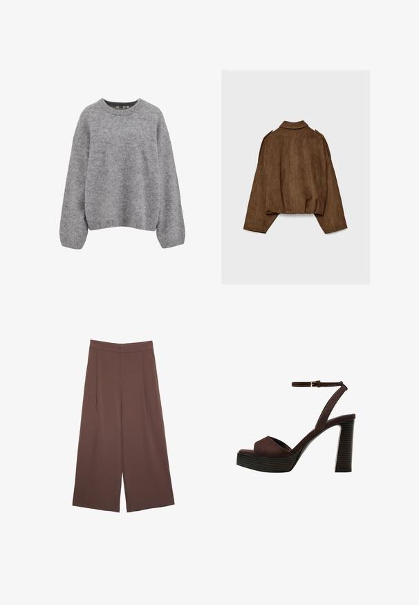 Giacca marrone in finto camoscio con collo a camicia, vestibilità oversize e spalle scese. La parte posteriore presenta cuciture verticali e un design corto.; Maglione morbido grigio chiaro in maglia con maniche lunghe e polsini, orlo e scollatura a girocollo a coste.; Pantaloni ampi marroni con una texture liscia, caratterizzati da una vita alta e pieghe frontali. Il tessuto è leggero e scorre liberamente.; Sandal in camoscio marrone con tacco alto, punta aperta, cinturino alla caviglia regolabile e suola a piattaforma striata.