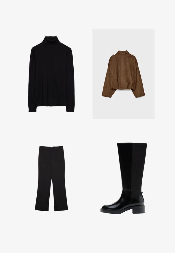 Braune Jacke aus Kunstwildleder mit Kragen, übergroßem Schnitt und abgefallenen Schultern. Der Rücken zeigt vertikale Nahtdetails und ein kurzes Design.; Schwarzer Rollkragenpullover aus einem weichen Strickstoff. Mit langen Ärmeln sowie gerippten Manschetten und Saum. Einfaches, klassisches Design ohne Muster.; Schwarze Hose mit geradem Schnitt, ausgestattet mit Fronttaschen und Seitenschlitzen am Saum. Hergestellt aus weichem, glattem Stoff. Geeignet für verschiedene Anlässe.; Schwarzer kniehoher Stiefel aus glattem Leder, mit markanten Nähten, klobigem Absatz und einer strukturierten Rückseite für zusätzlichen Akzent.