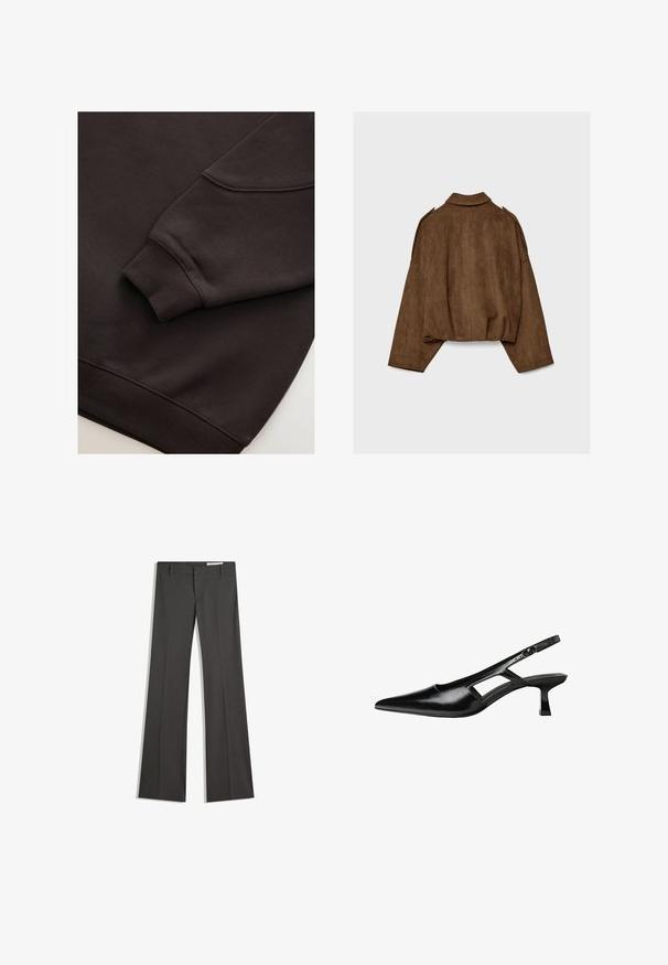 Rjava jakna iz umetnega usnja z ovratnikom, širokim krojem in spuščenimi rameni. Hrbtni del ima navpične šive in krajšano zasnovo.; Temno rjav pulover z ribanimi manšetami in robom. Gladka tekstura z okroglim ovratnikom in vidnim šivom na rokavu.; Sive flared hlače iz gladkega materiala, z ravnim sprednjim delom, zankami za pas in krojem z čistimi linijami.; Črne patentični usnjeni salonarji s slingback designom, z zašiljenim nosom, izrezanim stranskim dizajnom in majhnim kvadratnim peto. Gladka tekstura z minimalnimi detajli.