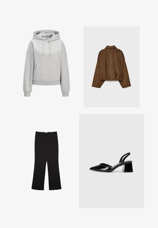 Hnědá bunda z umělé semiše s límcem, volným střihem a sníženými rameny. Na zádech jsou vertikální švy a zkrácený střih.; Šedá mikina s kapucí vyrobená z měkkého strukturovaného materiálu, má přední kapsu, kapuci se stahovacími šňůrkami a malé vyšívané logo na hrudi.; Černé kalhoty s rovným střihem, s předními kapsami a bočními rozparky na lemu. Vyrobené z jemné, hladké tkaniny. Vhodné na různé příležitosti.; Černé lakované kožené lodičky na pásku s špičatou špičkou a geometrickým blokovým podpatkem. Vyznačují se elegantním, minimalistickým designem a hladkým povrchem.