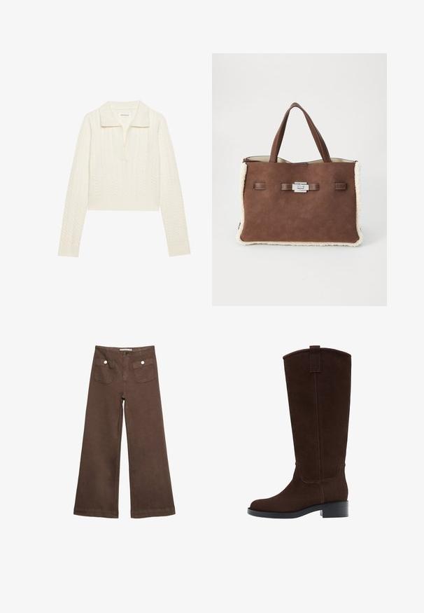 Ruskea tekonahkainen mokkatakki, jossa on kauluksellinen kaula-aukko, ylisuurikokoinen istuvuus ja laskostetut olkapäät. Takana pystysuoria saumadetaljeja ja lyhyt malli.; Lyhyt villapusero vaaleassa kreemissä, jossa on kabelineulekuvio, leveä kaulus ja ribbikuvioidut hihansuut. Valmistettu pehmeästä, teksturoidusta kankaasta.; Ruske leve bukser i bomuld med to forlommer med sølvknapper og en glat overflade.; Ruskohvased nahast põlvini saapad, millel on ümar varvas, diskreetne õmblus ja madal blokknokk; ülaosas on mugav tõmbevahe, mis lihtsustab nende selga panemist.; Ruskea mokkanahkainen olkalaukku, jossa on pehmeä kerma värinen lampaanvilla reunus, kaksoiskahvat ja hopeinen suorakulmainen kiinnitys yksinkertaisella valkoisella taustalla.