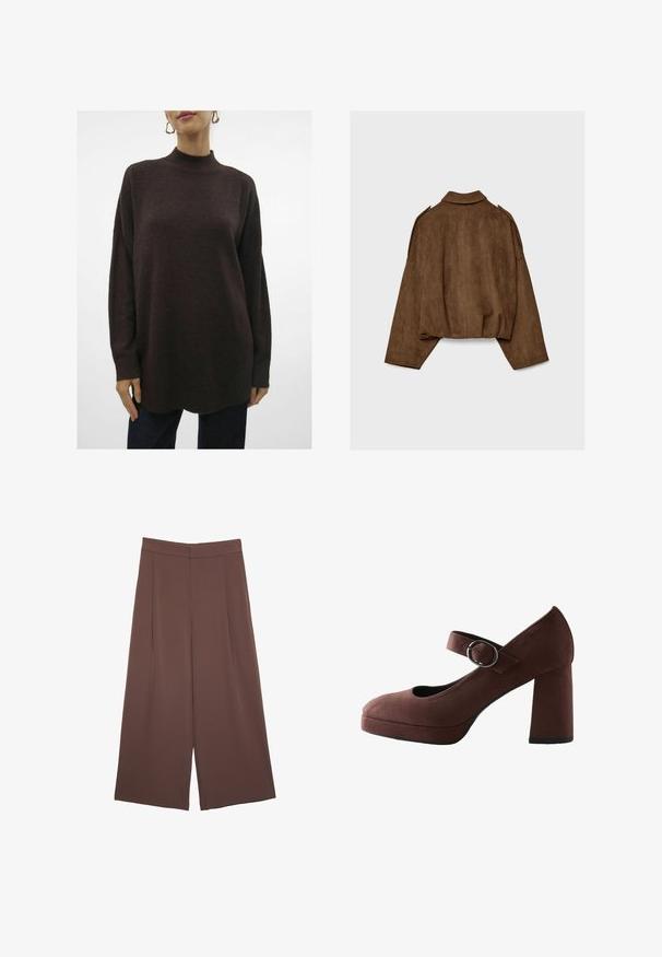 Hnedá bundu z umelého semišu s golierom, nadrozmerným strihom a spustenými ramenami. Zadná časť má vertikálne švy a skrátený dizajn.; Textúrovaný, veľký, tmavo hnedý pletený sveter s vysokým golierom, spustenými ramenami a rebrovanými manžetami. Na konci má mierny zakrivený lem.; Hnedé nohavice so širokými nohavicami a hladkou textúrou, s vysokým pásom a prednými skladmi. Tkanina je ľahká a voľne sa pohybuje.; Hnedá semišová obuv v štýle Mary Jane s okrúhlou špičkou, širokým podpätkom, nastaviteľným remienkom okolo členka a platformou vpredu. Má hladkú textúru.