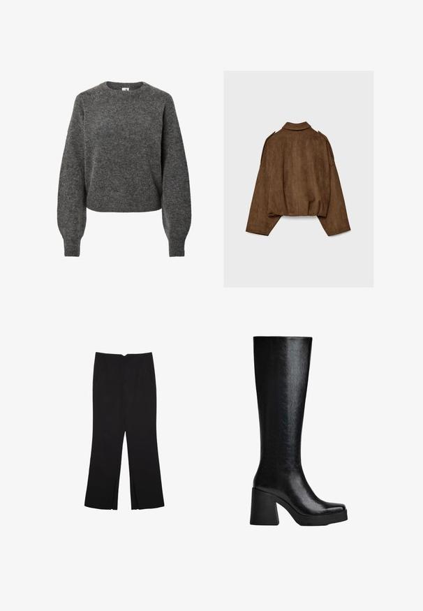 Brun jacka i fuskmocka med krage, oversized passform och nedsänkta axlar. Bakstycket har vertikal sömdetalj och en kortare design.; Mörkgrå ulltröja med långa ärmar, rund halsringning och något ballongsformade ärmar, stickad struktur samt ribbade muddar och fåll.; Svarta byxor med rak passform, utrustade med framfickor och sidoklyvningar vid fållen. Tillverkade av mjukt, slätt tyg. Lämpliga för olika tillfällen.; Svarta knähöga stövlar gjorda av texturerat syntetmaterial, med fyrkantig tå, kraftig klack och slät, slank yta.