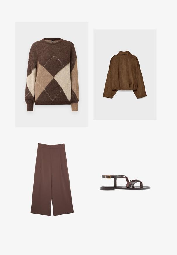 Brun jacka i fuskmocka med krage, oversized passform och nedsänkta axlar. Bakstycket har vertikal sömdetalj och en kortare design.; Brun och beige rutig mönstrad stickad tröja med långa ärmar och ribbade fållar på en vit bakgrund.; Bruna vida byxor med en slät textur, som har hög midja och framfickor. Tyget är lätt och flödar löst.; Bruna lädersandaler med korsade remmar, spänne runt vristen och en platt sula med minimala sömnadsdetaljer.