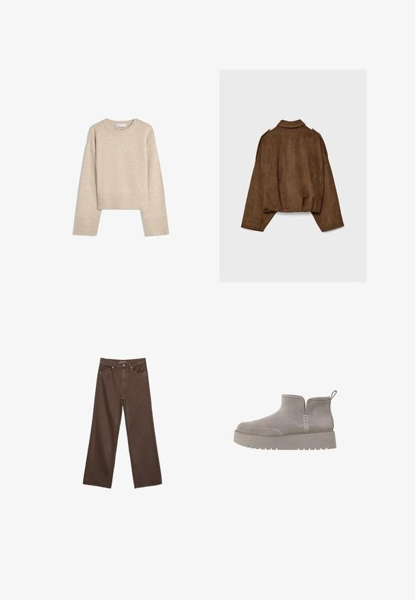 Smeđa jakna od umjetne brušene kože s ovratnikom, prevelikog kroja i spuštenih ramena. Na stražnjoj strani nalazi se vertikalni ukrasni šav i skraćeni dizajn.; Bežani skraćeni pulover napravljen od mekog pletenog materijala. Ima okrugli izrez, duge rukave i rebraste manžete i porub za dodatnu teksturu.; Proširene smeđe traperice od denima, s visokim strukom, prednjim džepovima i klasičnom kopčom na dugme. Glatka tekstura s suptilnim šavovima.; Sive zimske čizme od antilopa niskog profila, s elastičnim bočnim panelima i teksturiranom gumenenom potplatom. Imaju traku za lakše oblačenje.