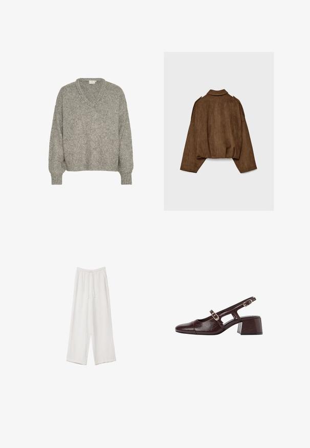 Giacca marrone in finto camoscio con collo a camicia, vestibilità oversize e spalle scese. La parte posteriore presenta cuciture verticali e un design corto.; Maglione grigio chiaro a maglia con scollo a V, vestibilità ampia, polsini e orlo a coste. Realizzato in un tessuto testurizzato con un aspetto morbido.; Pantaloni a gamba larga bianchi realizzati in un tessuto leggero. Presentano una vita elastica con cordoncino e tasche laterali. Texture liscia.; Tacchi slingback in pelle marrone con punta quadrata, lati scavati e tacco a blocco. Presentano una fibbia sulla cinghia alla caviglia.