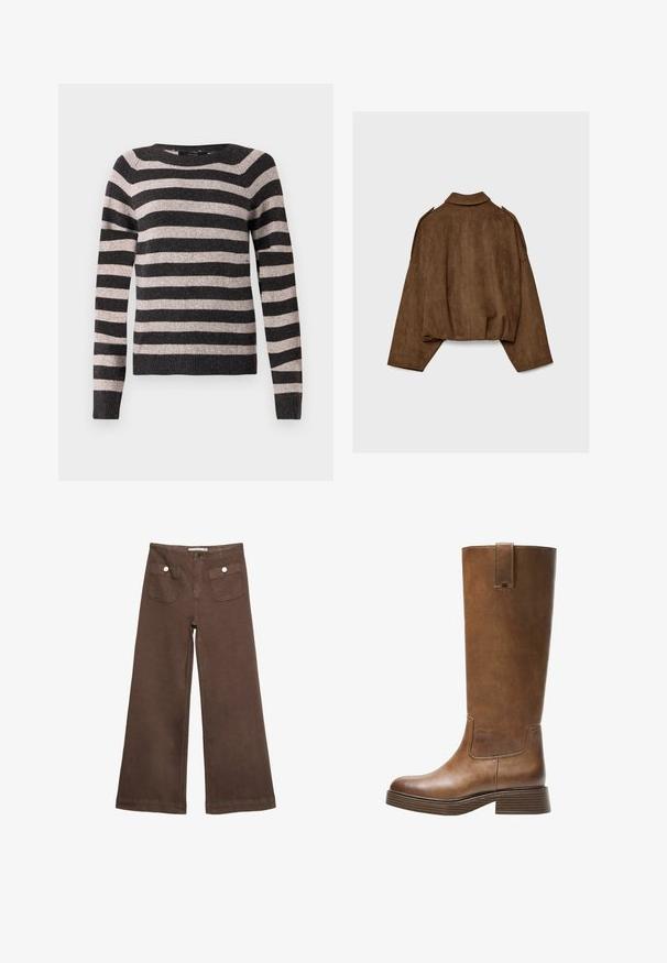 Hnědá bunda z umělé semiše s límcem, volným střihem a sníženými rameny. Na zádech jsou vertikální švy a zkrácený střih.; Svetr pruhovaný v černé a béžové barvě, s kulatým výstřihem, dlouhými rukávy, hřebenovým lemem, měkkou strukturou a s pravidelně rozloženými horizontálními pruhy.; Hnědé široké kalhoty vyrobené z bavlny, s dvěma předními kapsami a stříbrnými knoflíky, s hladkou texturou.; Hnědé kožené vysoké boty na kolena s kulatou špičkou, texturovaným povrchem a nízkým patem s podstavcem. Obsahují boční panel a poutko na horní části.