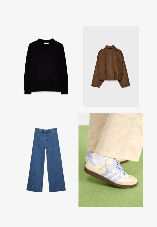 Brun jacka i fuskmocka med krage, oversized passform och nedsänkta axlar. Bakstycket har vertikal sömdetalj och en kortare design.; Svart sweatshirt i mjukt tyg, med hög krage, långa ärmar och ribbade muddar i nederkant, med en enkel design utan mönster.; Vidbenade denimjeans i medelblått, med hög midja, knäppning och kontrasterande vertikala sömdetaljer längst fram.; Krämfärgade och lavendelfärgade sneakers med tre ränder och en texturerad brun sula, med snören och en vadderad häl. Mjuk tygobero.