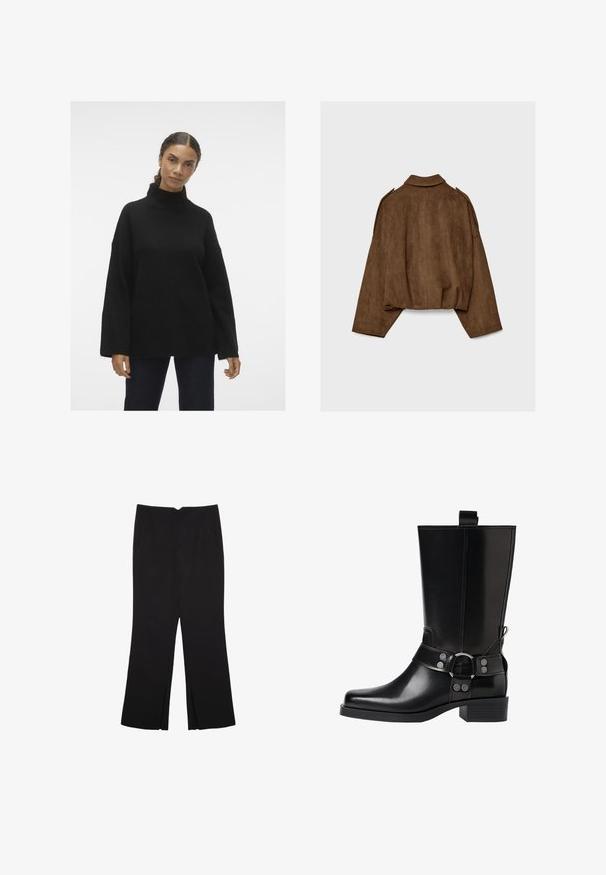 Bruine jas van imitatie suède met een kraag, een oversized pasvorm en doorgezakte schouders. De achterkant heeft verticale naaddetails en een cropped ontwerp.; Zwarte gebreide coltrui met brede mouwen en ribgebreide manchetten, met een zachte textuur en een relaxte pasvorm, gedragen over donkere jeans.; Zwarte broek met een rechte pasvorm, voorzien van zijzakken en plooien aan de onderzijde. Gemaakt van zachte, gladde stof. Geschikt voor verschillende gelegenheden.; Zwarte leren kniehoog laars met een puntige neus, zilverkleurige gesp accentuaties en een stevige hak. Beschikt over een trekband voor eenvoudig aan- en uittrekken.