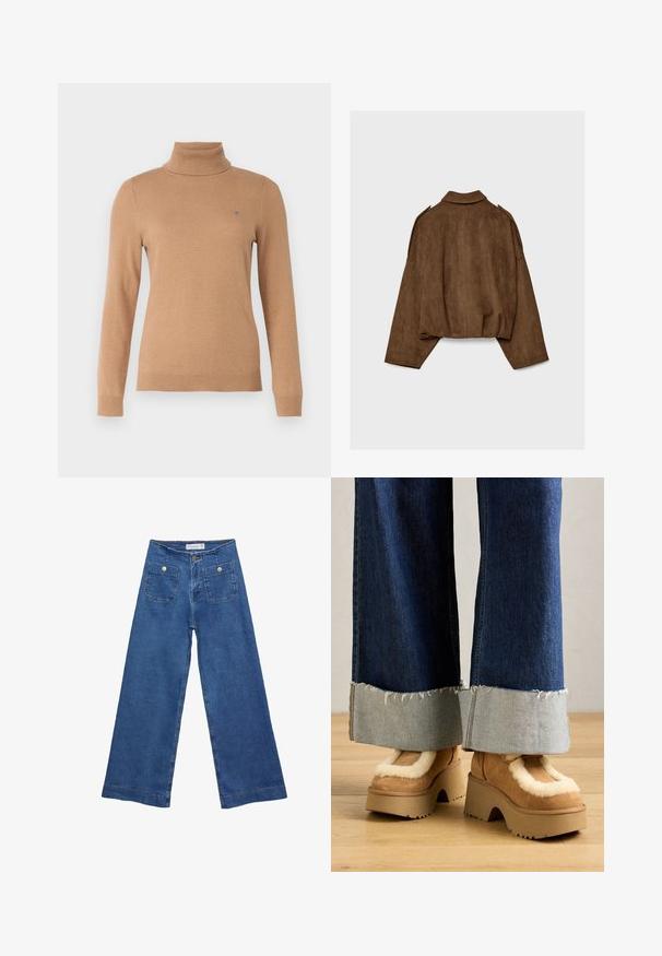 Braune Jacke aus Kunstwildleder mit Kragen, übergroßem Schnitt und abgefallenen Schultern. Der Rücken zeigt vertikale Nahtdetails und ein kurzes Design.; Beige Rollkragenpullover mit langen Ärmeln und kleinem gesticktem Logo auf der linken Brust vor einem schlichten Hintergrund.; Denim-Hosen im weiten Schnitt mit einer mittleren blauen Waschung, zwei Vordertaschen mit Knopfverschluss und genähten Details entlang der Säume.; Braune Wildleder-Plateau-Stiefel mit cremefarbener Fellfütterung, kombiniert mit weiten Denim-Hosen mit fransigen Säumen und einem helleren Denim-Bündchen.