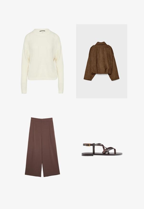 Brown faux suede jacket with a collared neck, oversized fit, and dropped shoulders. The back features vertical seam detailing and a cropped design.; Cream-colored knit sweater with a round neckline, dropped shoulders, and ribbed texture. Features long sleeves and a straight cut.; Brown wide-leg trousers with a smooth texture, featuring a high waist and front pleats. The fabric is lightweight and flows loosely.; Brown leather sandal featuring crisscross straps, an ankle buckle closure, and a flat sole with minimal stitching details.