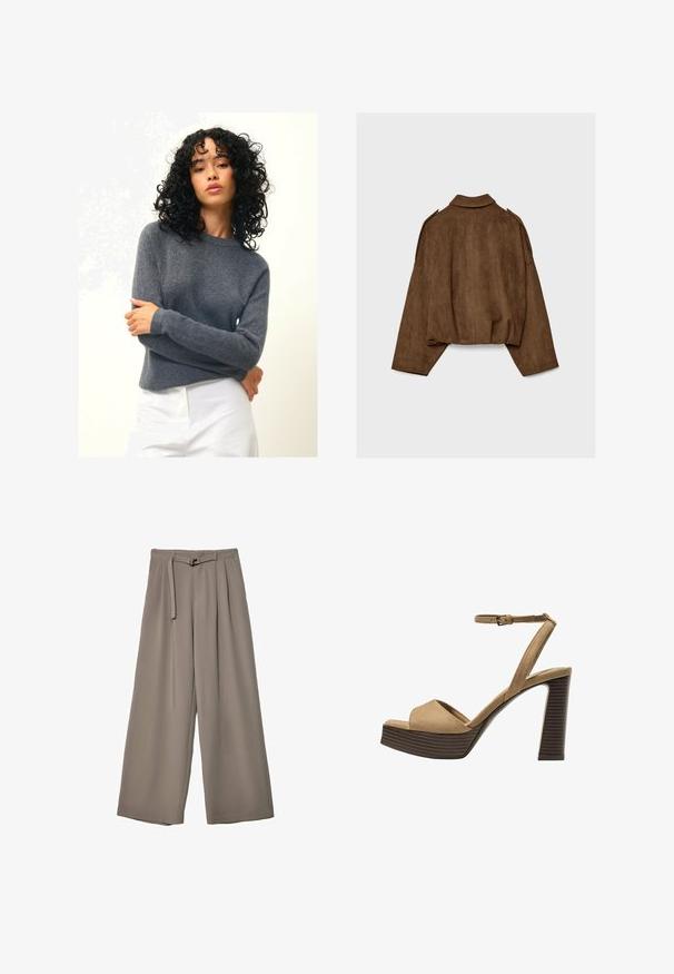 Brown faux suede jacket with a collared neck, oversized fit, and dropped shoulders. The back features vertical seam detailing and a cropped design.; Authentic Cashmere ECRIN - Jumper - mottled anthracite; Wide-leg trousers in a soft, muted grey fabric, featuring a belted waist and pleats for added design detail. Smooth texture, no patterns.; Beige suede high-heeled sandals with a wide front strap and ankle strap, featuring a chunky wooden block heel with a textured finish.