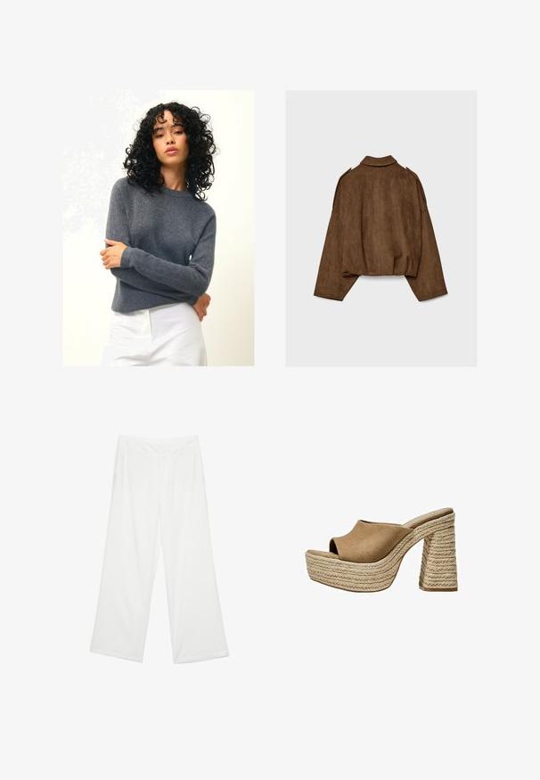 Braune Jacke aus Kunstwildleder mit Kragen, übergroßem Schnitt und abgefallenen Schultern. Der Rücken zeigt vertikale Nahtdetails und ein kurzes Design.; Authentic Cashmere ECRIN - Strickpullover - mottled anthracite; Weite Beinhosen aus weißem Stoff mit glatter Textur, vorderen Taschen und einem klassischen Bund mit Gürtelschlaufen.; Braune Wildleder-Plateau-Sandalen mit offenem Zeh, ausgestattet mit einem chunky geflochtenen Jute-Absatz und einem glatten, abgerundeten Oberdesign.