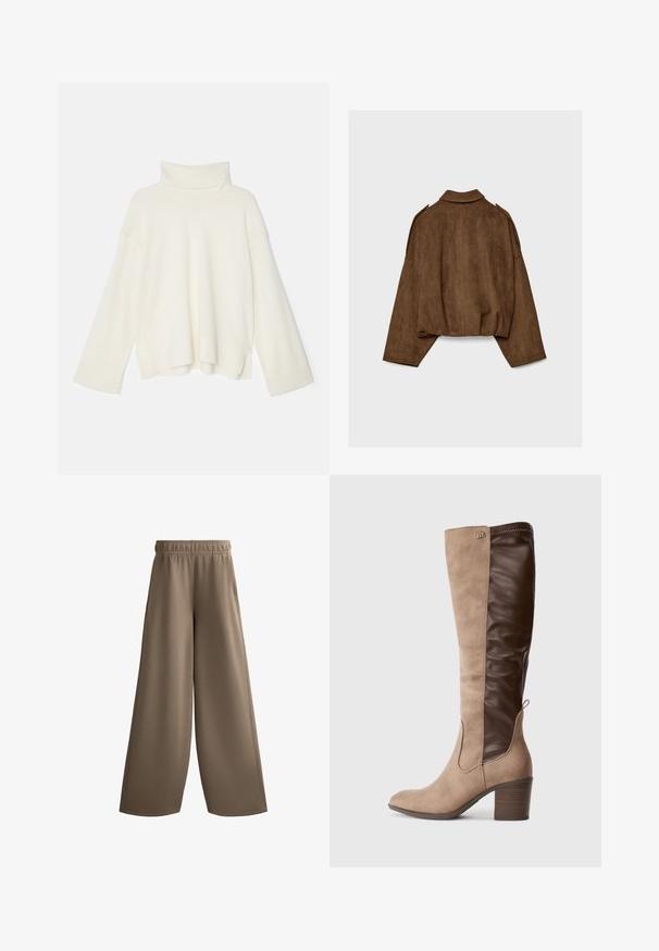 Veste en suédine marron avec col montant, coupe oversize et épaules tombantes. Le dos présente des coutures verticales et un design court.; Pull à col roulé crème clair, coupe oversized, texture côtelée, épaules tombantes et manches larges, fabriqué en tricot doux.; Pantalons amples marron avec une taille élastique, fabriqués en tissu lisse, dotés de poches latérales et d'une coupe droite et décontractée.; Bottes pour femmes à hauteur de genoux avec un devant en daim beige et un dos en cuir lisse marron foncé, avec un talon bloc et une languette en haut.