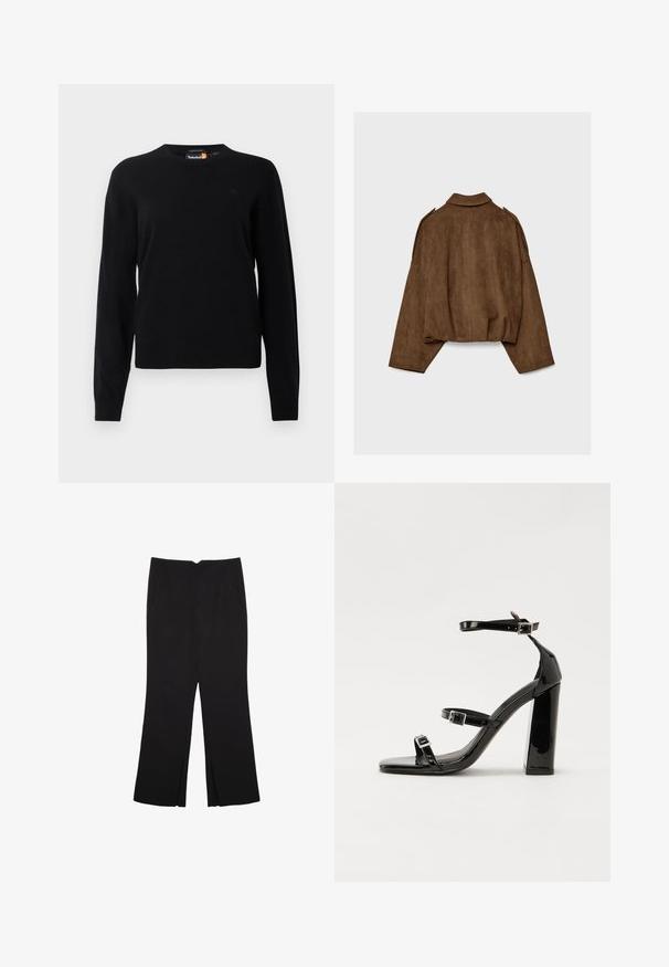 Rjava jakna iz umetnega usnja z ovratnikom, širokim krojem in spuščenimi rameni. Hrbtni del ima navpične šive in krajšano zasnovo.; Črn pleten pulover z okruglim izrezom, dolgimi rokavi in majhnim logotipom na prsih. Mehak material in klasičen kroj.; Črne hlače ravnega kroja z naglavnimi žepi in stranskimi razporki na robu. Narejene iz mehke, gladke tkanine. Primerne za različne priložnosti.; Črne lakirane sandale s peto, kvadratnim prstom, trakovi okrog gležnja in srebrnimi zaponkami. Opremljene so s stabilno Debelo peto.
