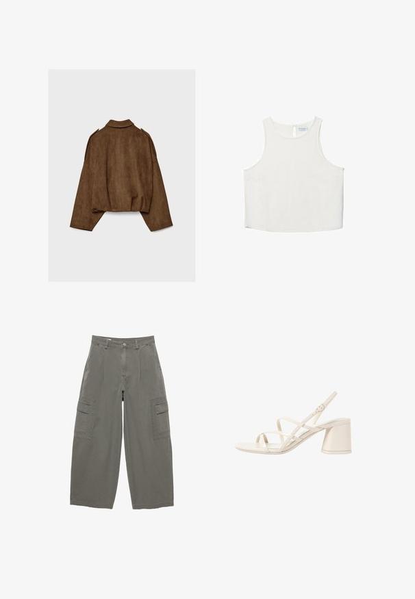 Veste en suédine marron avec col montant, coupe oversize et épaules tombantes. Le dos présente des coutures verticales et un design court.; Haut sans manches blanc avec un col rond, présentant une texture subtile, un détail en forme de trou de serrure au dos et un ourlet droit.; Pantalons cargo en tissu vert olive, avec des jambes larges, des poches avant et deux poches cargo latérales avec rabats. Matière en coton texturé.; Sandales à talons beiges avec des fines brides entrecroisées, bout ouvert et un talon carré. Fini en vernis lisse, bride de cheville réglable.