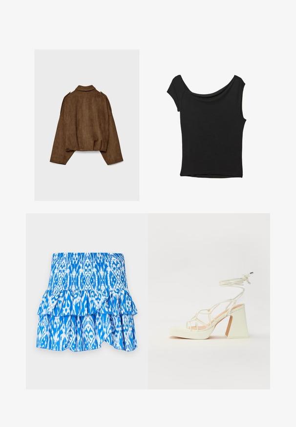 Brun jakke i imiteret ruskind med krave, oversized pasform og sænkede skuldre. Bagsiden har lodrette sømdetaljer og et cropped design.; Sort kortærmet top lavet af glat stof; har en draperet halsudskæring og en asymmetrisk kant, med en tætsiddende pasform.; Blå og hvid mønstret nederdel med en smocked talje, lagdelt flæse kant og letvægtsstof. Har et ikat-lignende design.; Hvide højhælede sandaler med en kraftig hæl, der har et stropdesign og ankelbinding. Glat tekstur med en platform foran for ekstra højde.