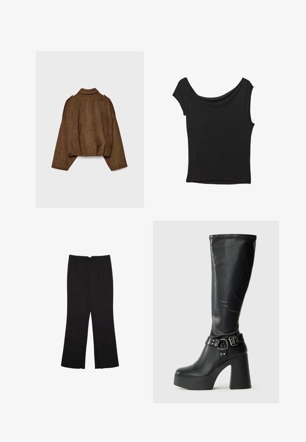 Brun jakke i imiteret ruskind med krave, oversized pasform og sænkede skuldre. Bagsiden har lodrette sømdetaljer og et cropped design.; Sort kortærmet top lavet af glat stof; har en draperet halsudskæring og en asymmetrisk kant, med en tætsiddende pasform.; Sorte bukser med lige pasform, der har frontlommer og slidser i kanten. Lavet af blødt, glat stof. Velegnet til forskellige anledninger.; Sorte knæhøje platformstøvler med en blank finish, der har en bred blokhæl og en spænde-stropdetalje ved anklen.