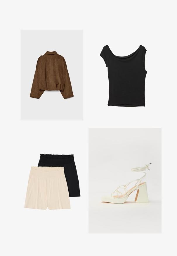 Hnedá bundu z umelého semišu s golierom, nadrozmerným strihom a spustenými ramenami. Zadná časť má vertikálne švy a skrátený dizajn.; Čierny krátky rukáv top vyrobený z hladkej tkaniny; má prehnutý výstrih a asymetrický lem, s priliehavým telom.; Dva páry voľných šortiek: jedny vo krémovej farbe a jedny čierne, obidve s volánom na elastickom páse a z jemného, ľahkého materiálu.; Biele sandále na vysokom opätku s hrubým podpätkom, s pruhovaným dizajnom a viazaním na členku. Hladký povrch s platformou vpredu pre zvýšenú výšku.